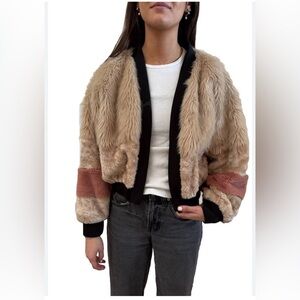 Young Fabulous & Broke Blush & Black Color block Faux Fur Bomber Jacket Coat S/M